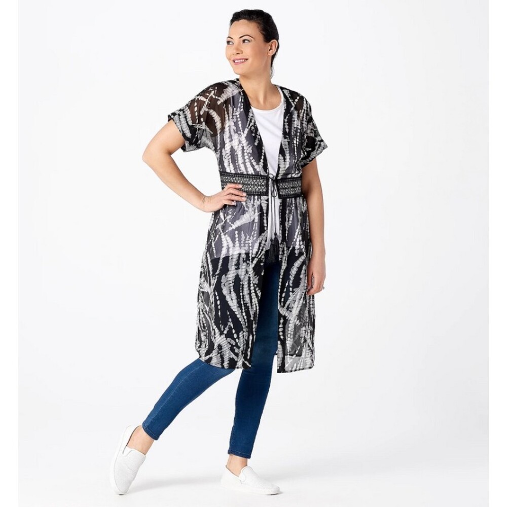 Dennis Basso Printed Chiffon Duster Top with Lace Detail in Black Size Medium